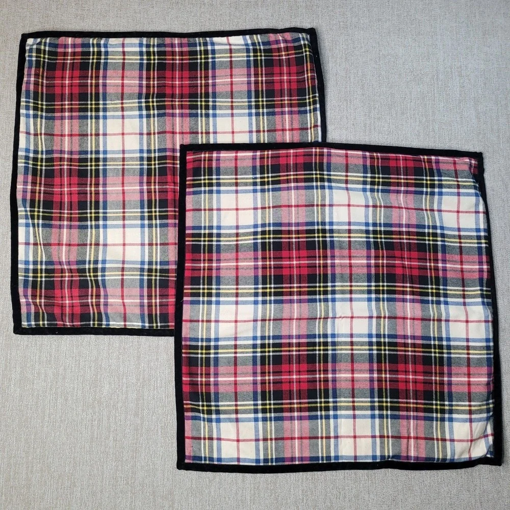 2 Lauren Ralph Tartan Plaid Pillow Cover 21 x 21 Square VTG Black Velvet Trim